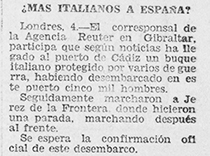 Noticia sobre el desembarco de los voluntarios italianos en Espaa. Peridico Diario de Almera (05/01/1937)