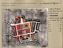 Plano del primer proyecto de reconstruccin de Masegoso. Arquitectura en Regiones Devastadas (MOPU)